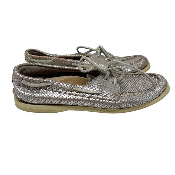 Sperry Top Sider Women 8.5 Silver Snakeprint Metallic Boat Shoe Sneakers Lace Up - Picture 1 of 11